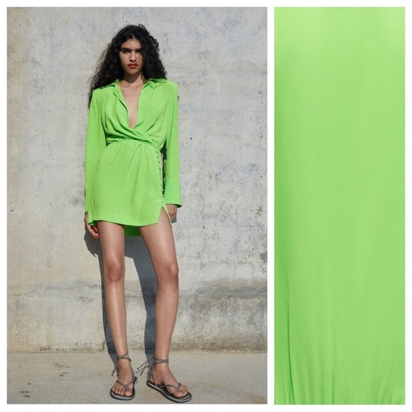 🌹NWT. Zara Neon Green Collared Mini Dress with Surplice V-neckline. Size M - Picture 2 of 12